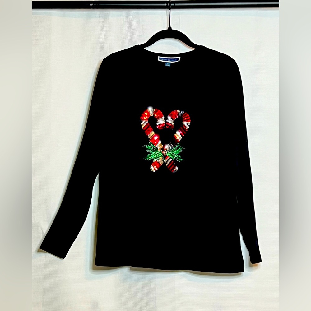 Women's Black Long Sleeved Shirt with Sequined Candy Canes